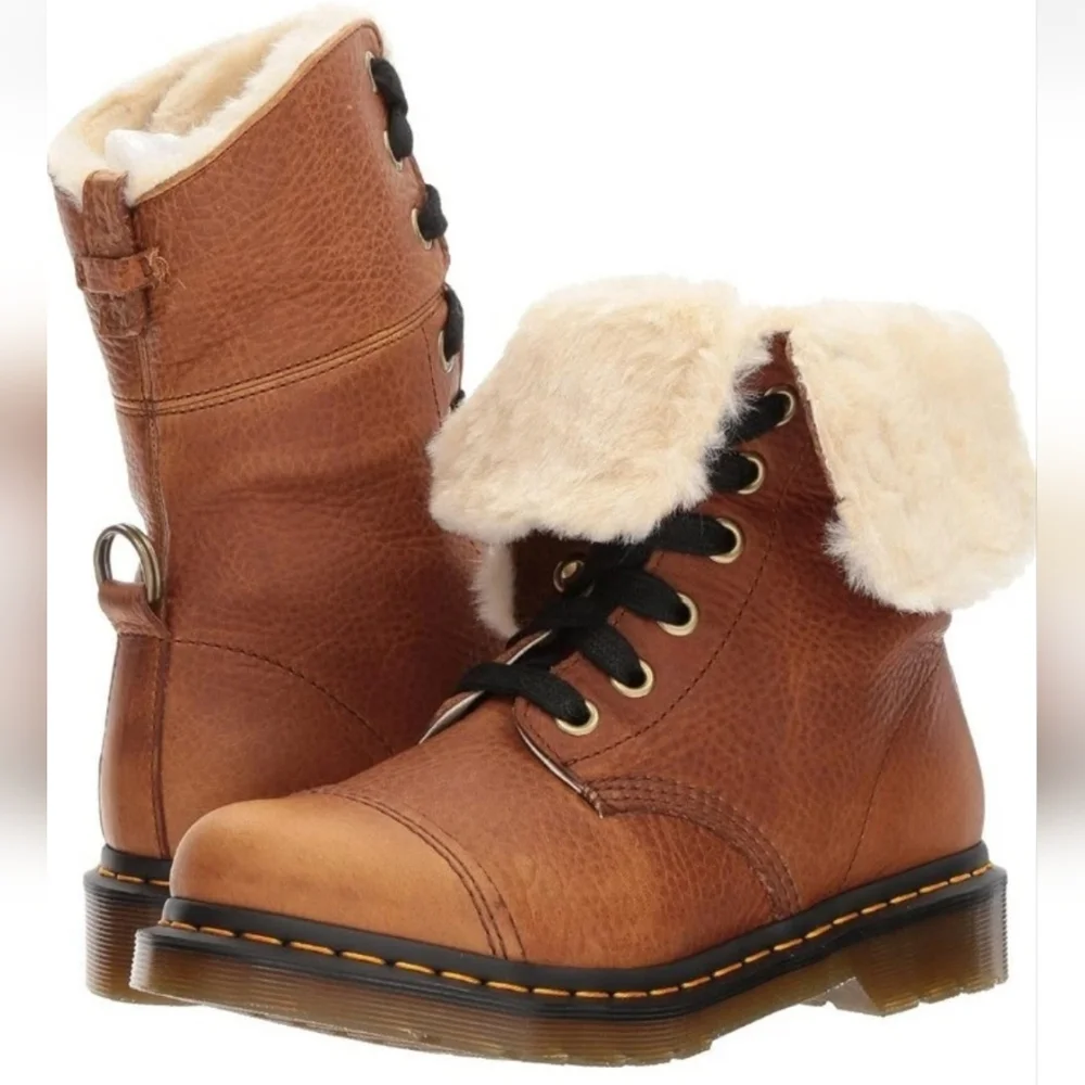 DR. MARTENS Aimilita FL Fur-Lined GRIZZLY LEATHER Boots TAN Sz US 10 - Picture 2 of 11